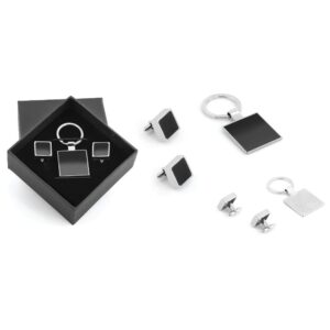 Kutulu Metal Anahtarlık Kol Düğmeli Set - Gümüş