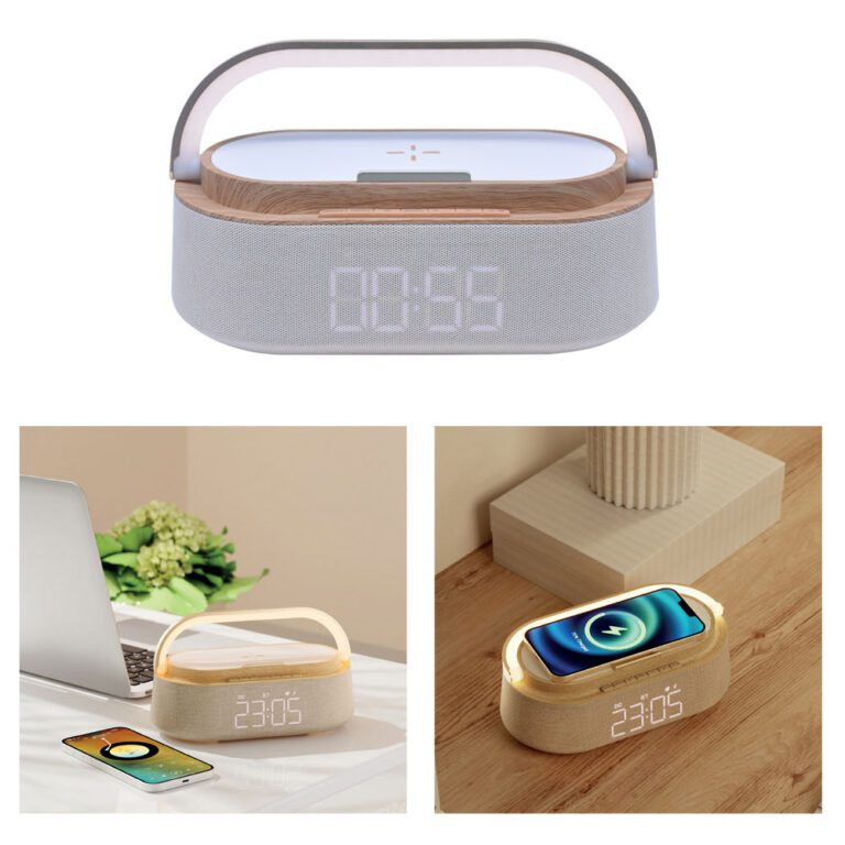 5’i 1 Arada Bluetooth Hoparlör, Kablosuz Şarj, Saat, Telefon Standı, Masa Lambası - Bambu