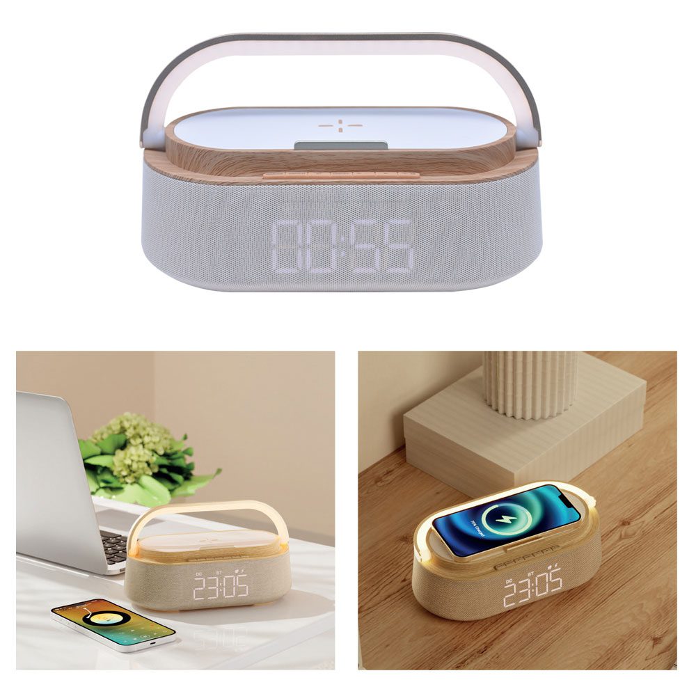 5’i 1 Arada Bluetooth Hoparlör, Kablosuz Şarj, Saat, Telefon Standı, Masa Lambası - Bambu